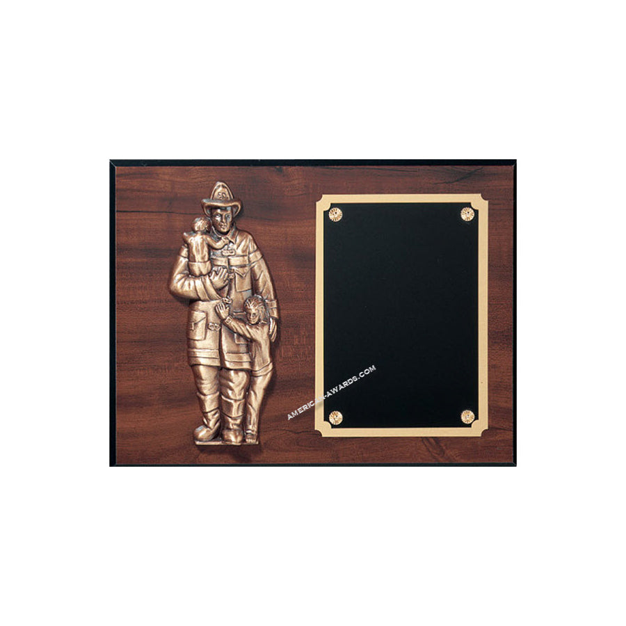FP945  Walnut-finish Fireman Award Plaque - American Trophy & Award Company - Los Angeles, CA 90022
