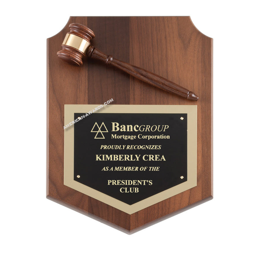 P286 Genuine Walnut Gavel Shield Plaque - American Trophy & Award Company - Los Angeles, CA 90012